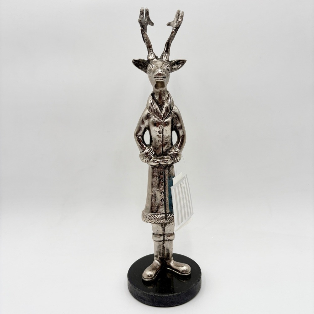 Granville Silver Tone Standing Reindeer‎ Figurine Coat Marble Base Holiday Decor